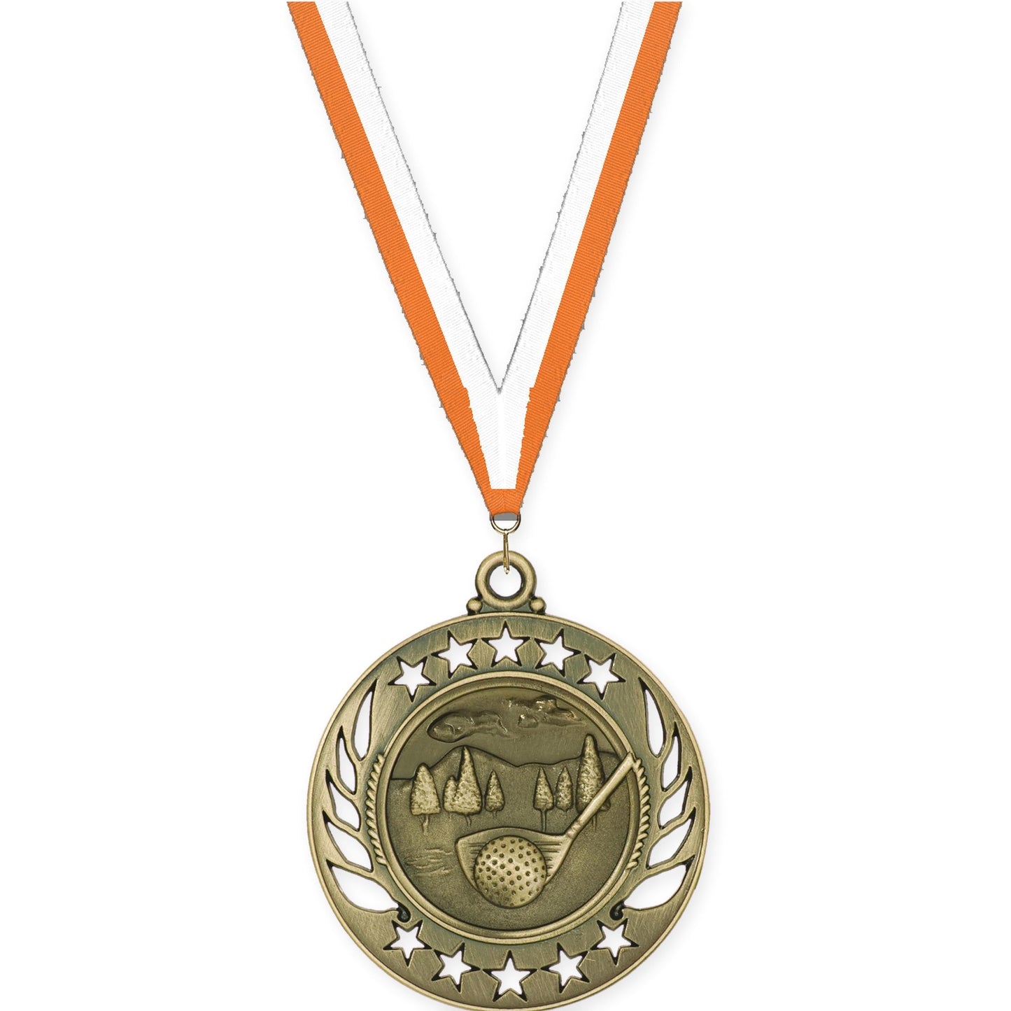 2 1/4 inch golf Galaxy medal in antique gold with Orange White neck ribbon