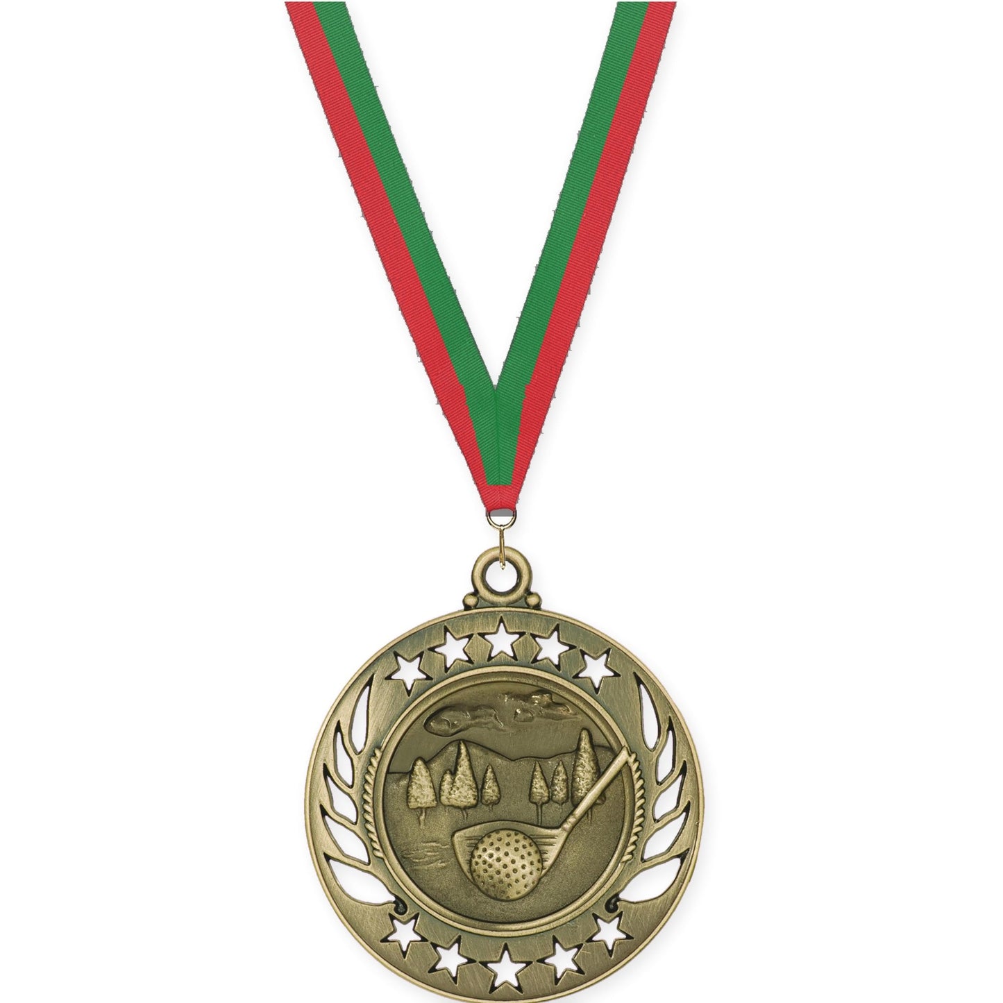 2 1/4 inch golf Galaxy medal in antique gold with Red Green neck ribbon