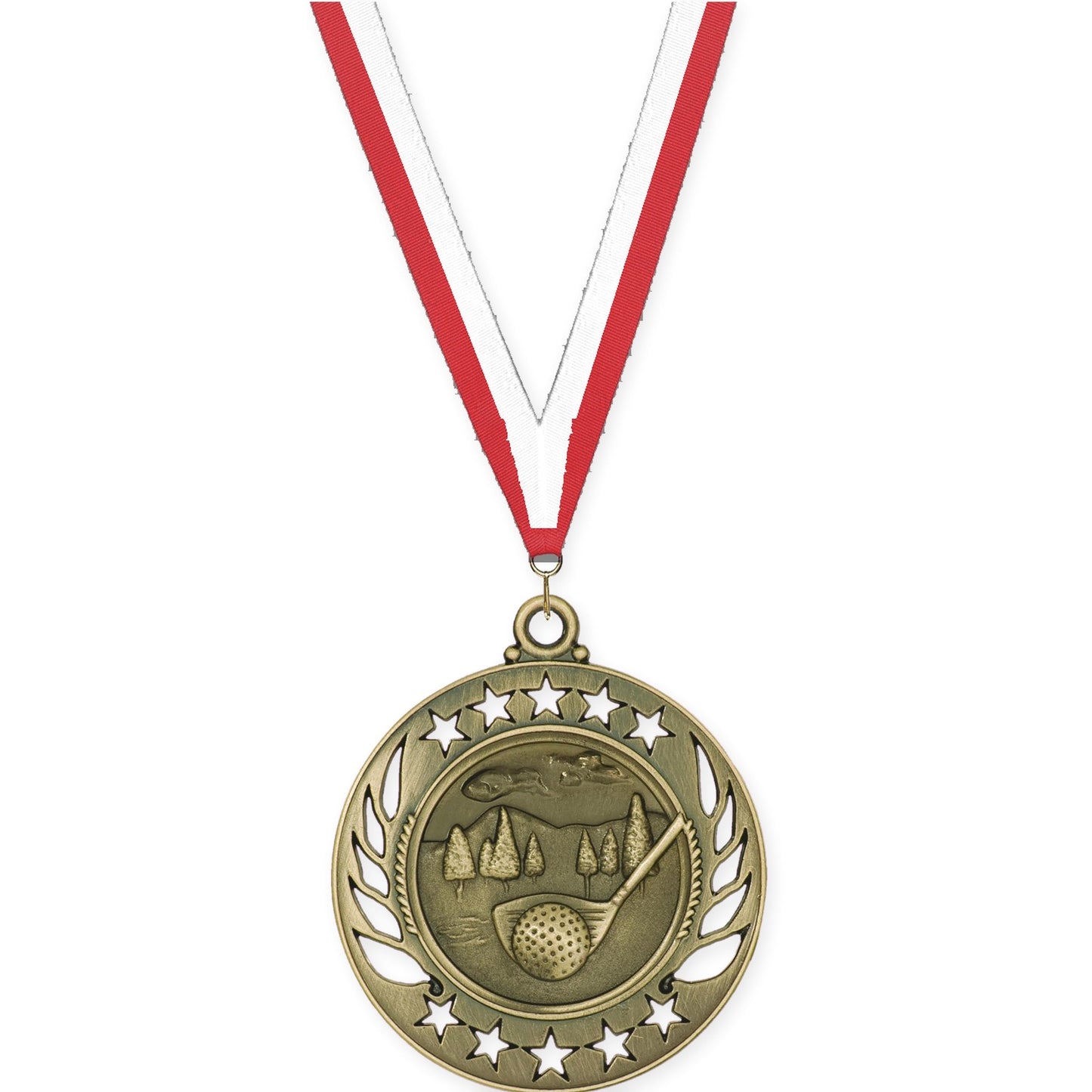2 1/4 inch golf Galaxy medal in antique gold with Red White neck ribbon