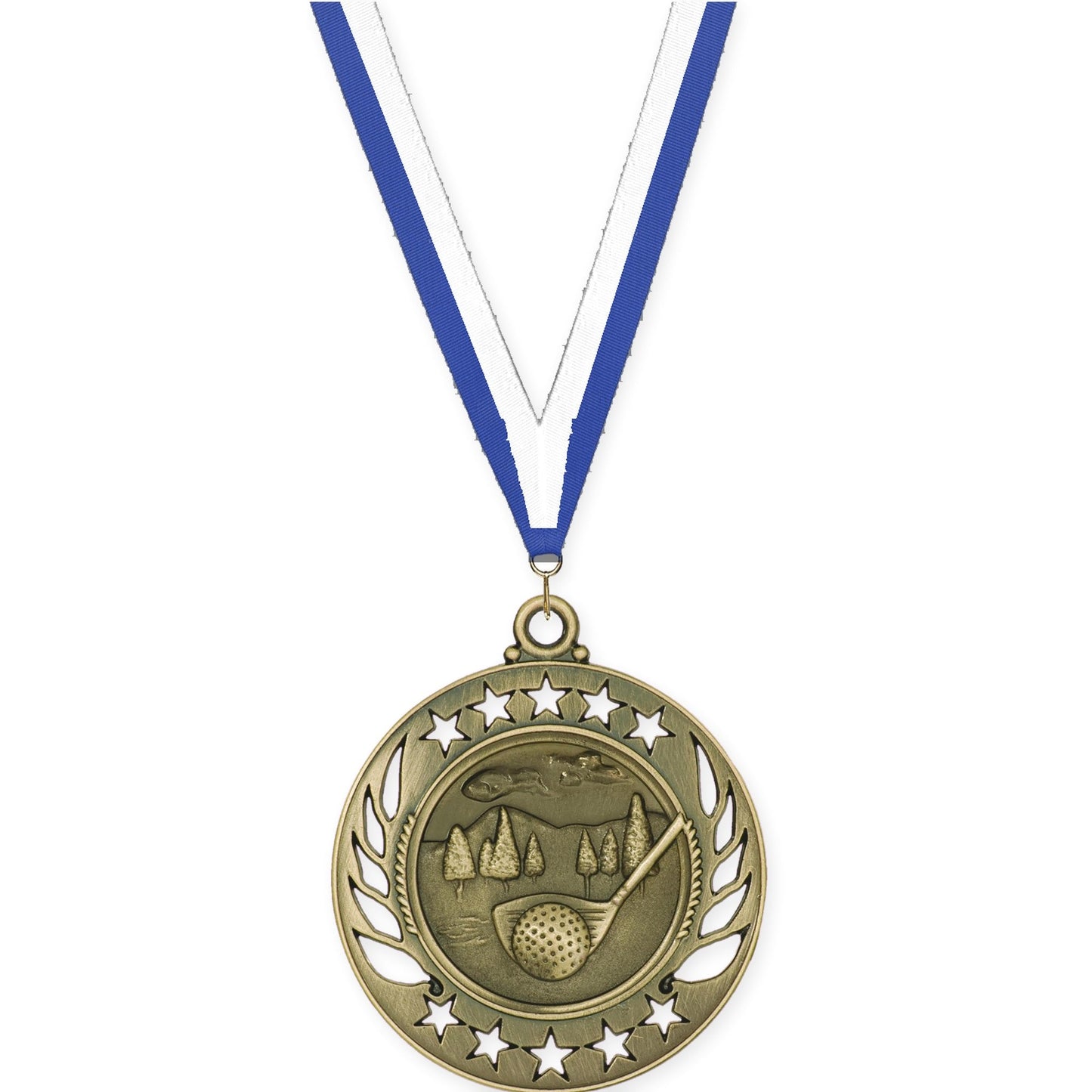 2 1/4 inch golf Galaxy medal in antique gold with Blue White neck ribbon