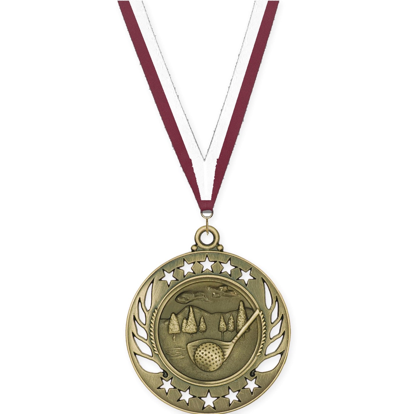 2 1/4 inch golf Galaxy medal in antique gold with Maroon White neck ribbon