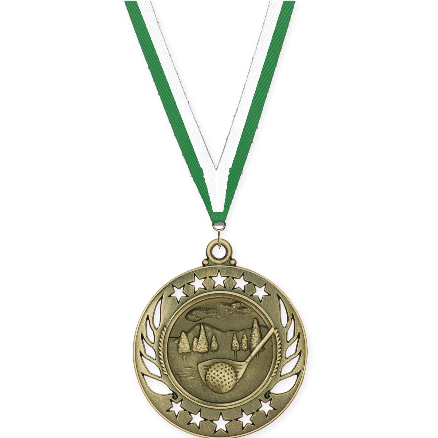 2 1/4 inch golf Galaxy medal in antique gold with Green White neck ribbon
