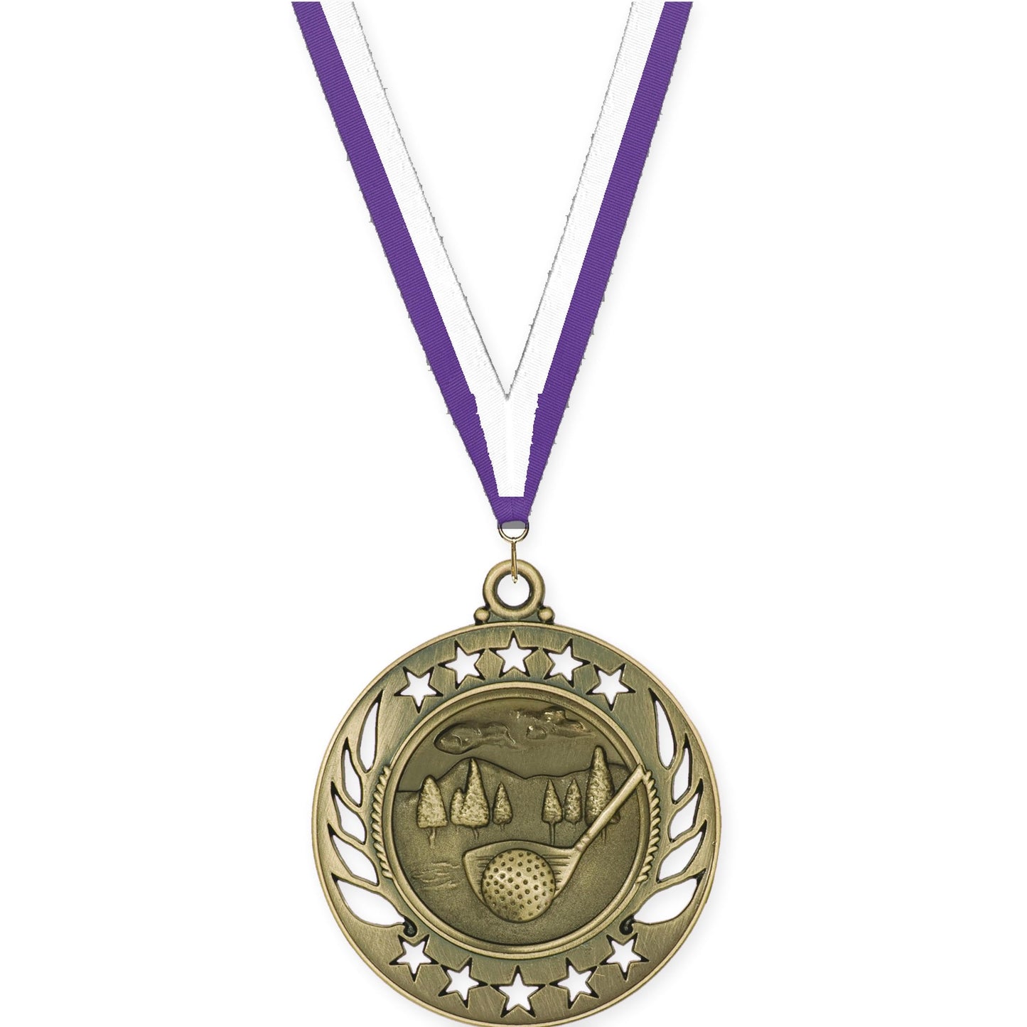 2 1/4 inch golf Galaxy medal in antique gold with Purple White neck ribbon