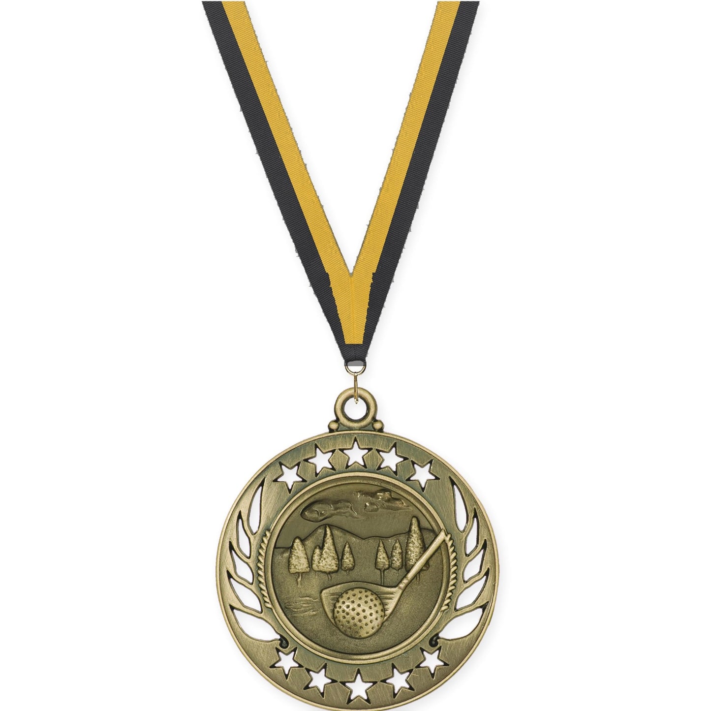 2 1/4 inch golf Galaxy medal in antique gold with Black Gold neck ribbon