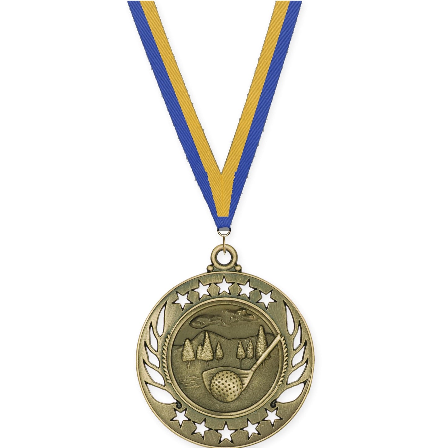 2 1/4 inch golf Galaxy medal in antique gold with Blue Gold neck ribbon