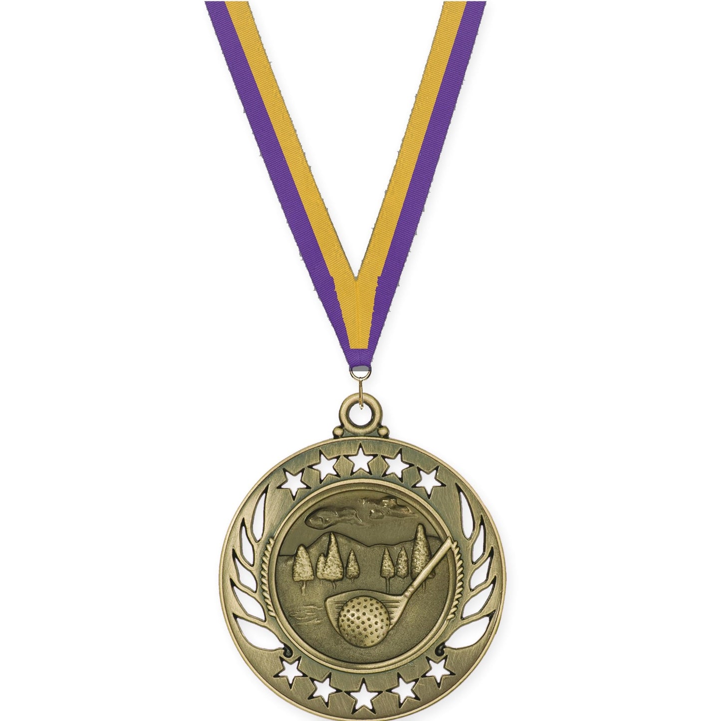 2 1/4 inch golf Galaxy medal in antique gold with Purple Gold neck ribbon