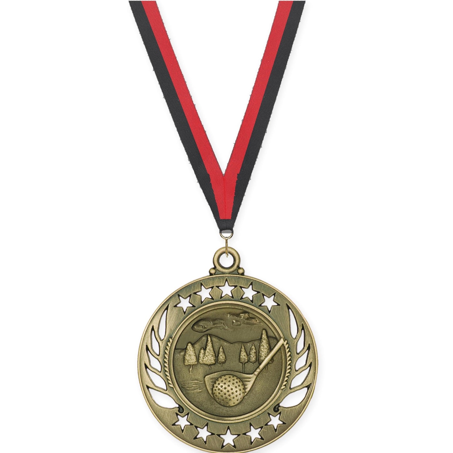 2 1/4 inch golf Galaxy medal in antique gold with Black Red neck ribbon