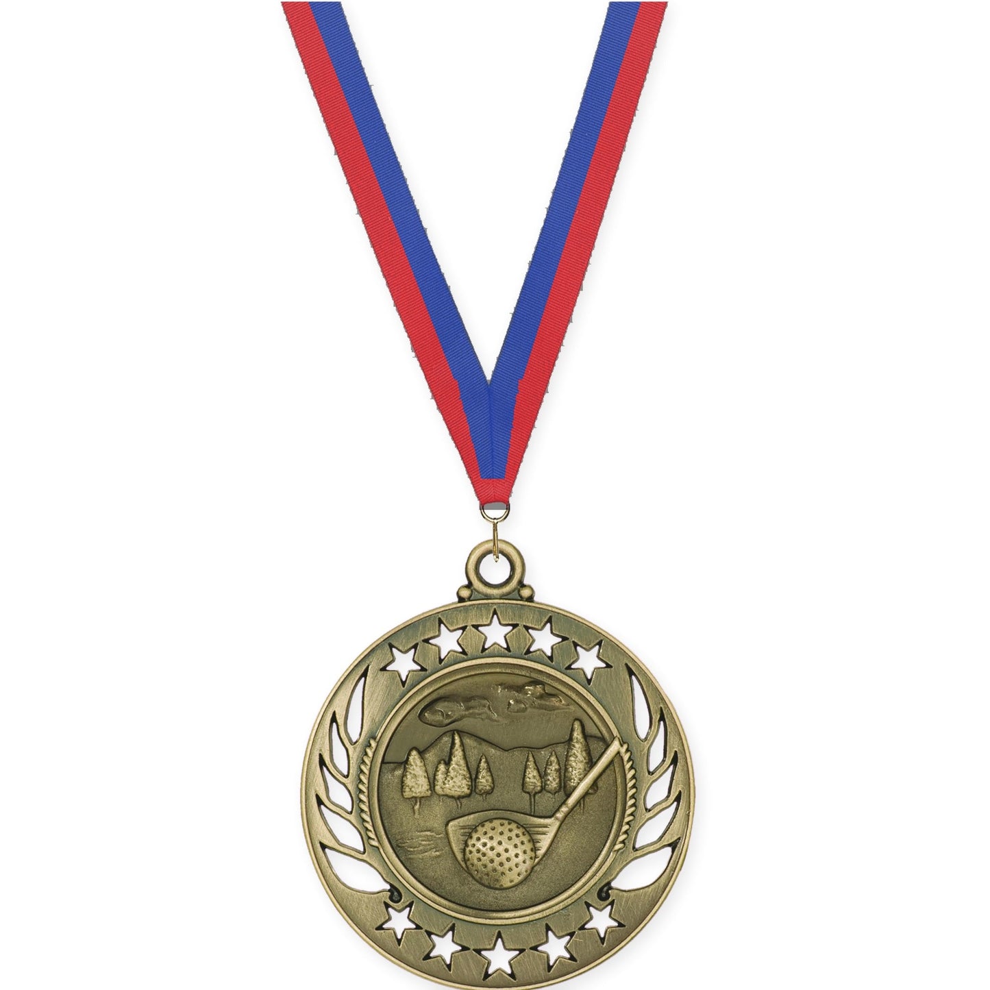 2 1/4 inch golf Galaxy medal in antique gold with Blue Red neck ribbon