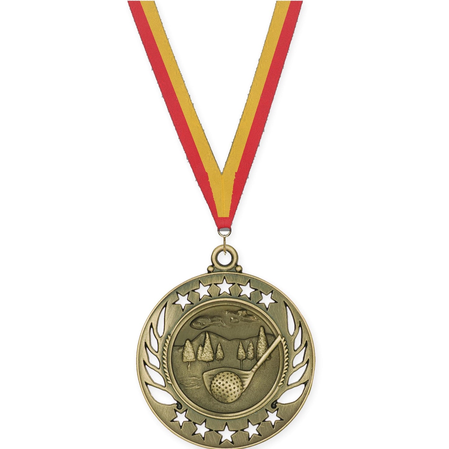 2 1/4 inch golf Galaxy medal in antique gold with Red Gold neck ribbon