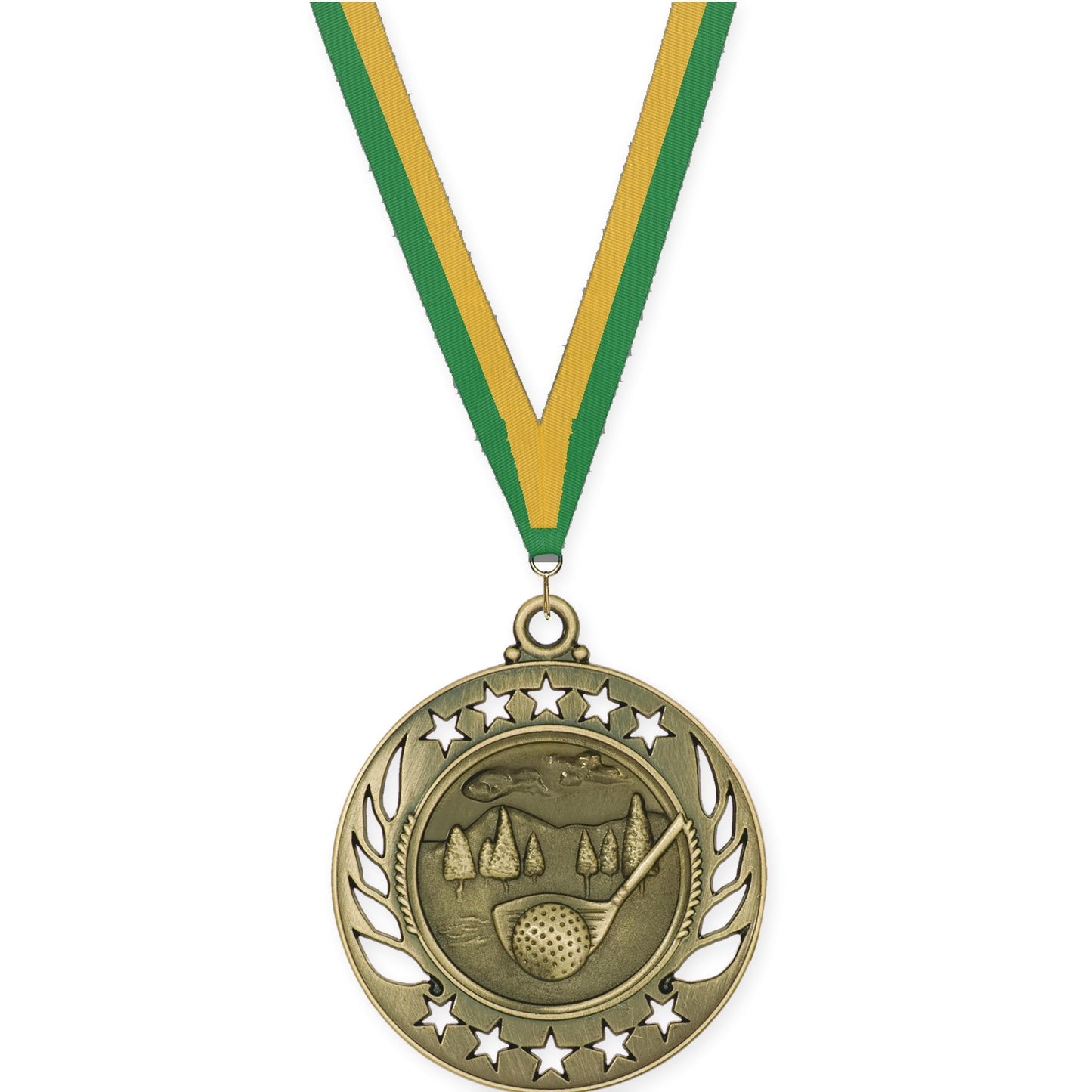 2 1/4 inch golf Galaxy medal in antique gold with Green Gold neck ribbon