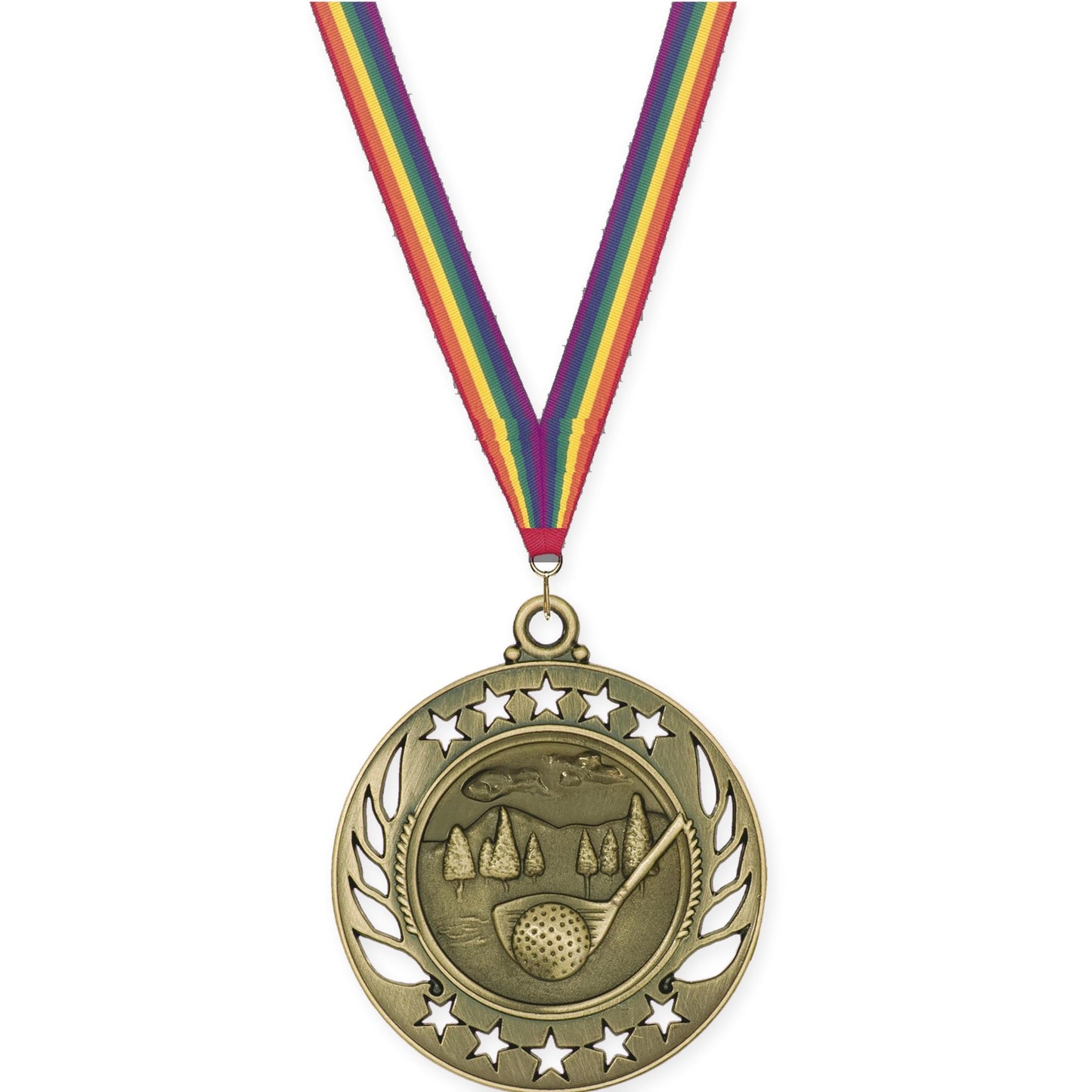2 1/4 inch golf Galaxy medal in antique gold with Rainbow neck ribbon