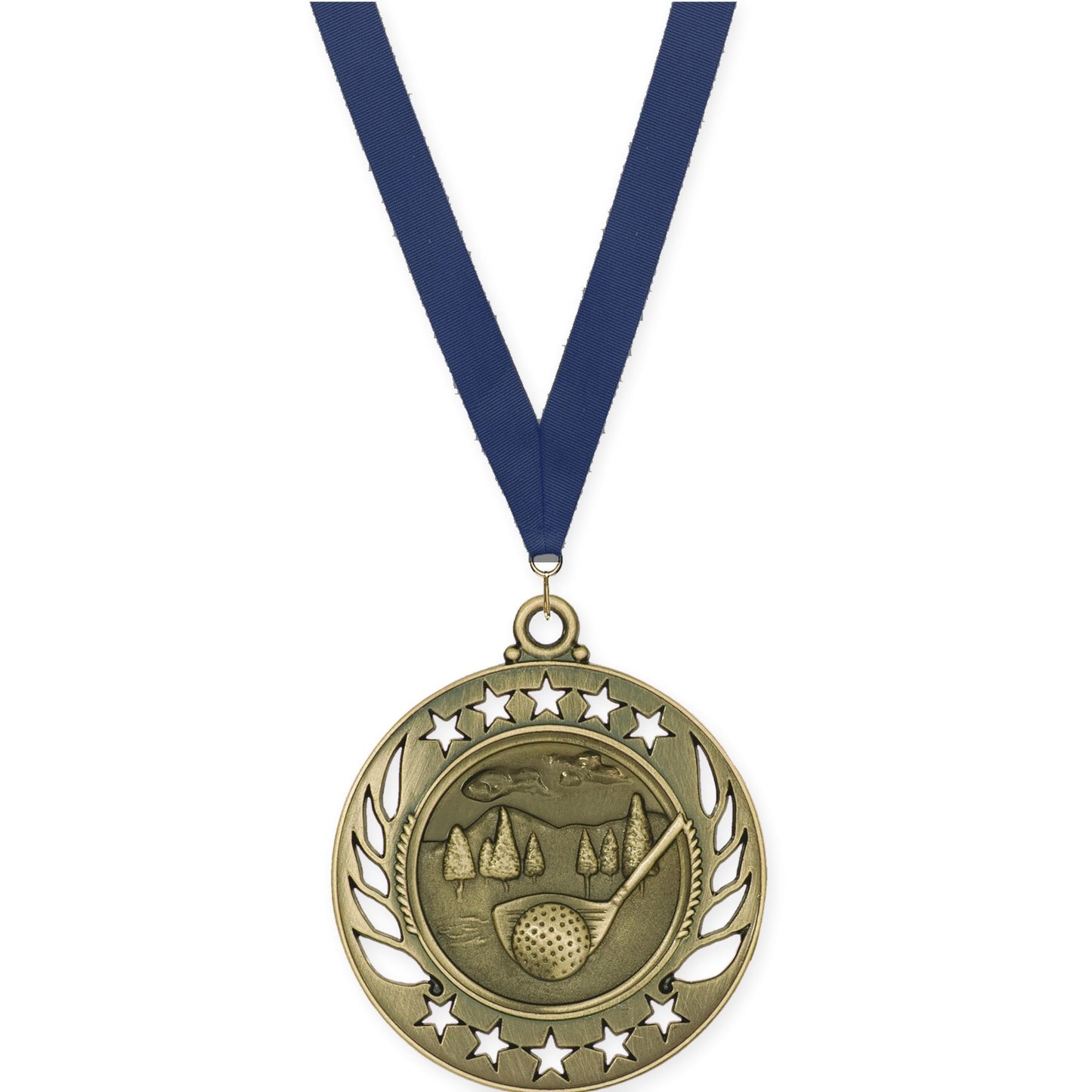 2 1/4 inch golf Galaxy medal in antique gold with Navy neck ribbon