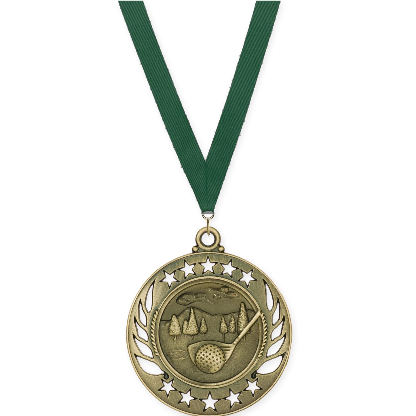 2 1/4 inch golf Galaxy medal in antique gold with Hunter Green neck ribbon