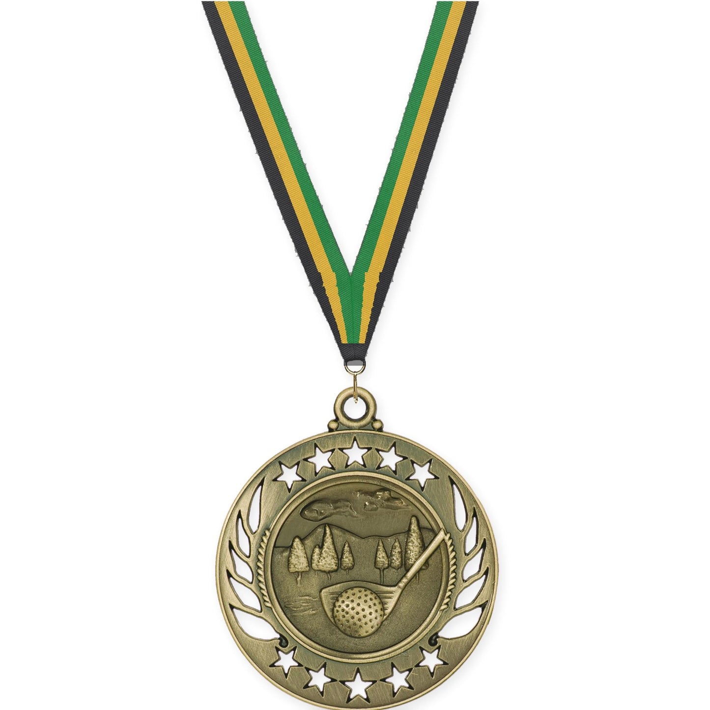2 1/4 inch golf Galaxy medal in antique gold with Black Gold Green neck ribbon