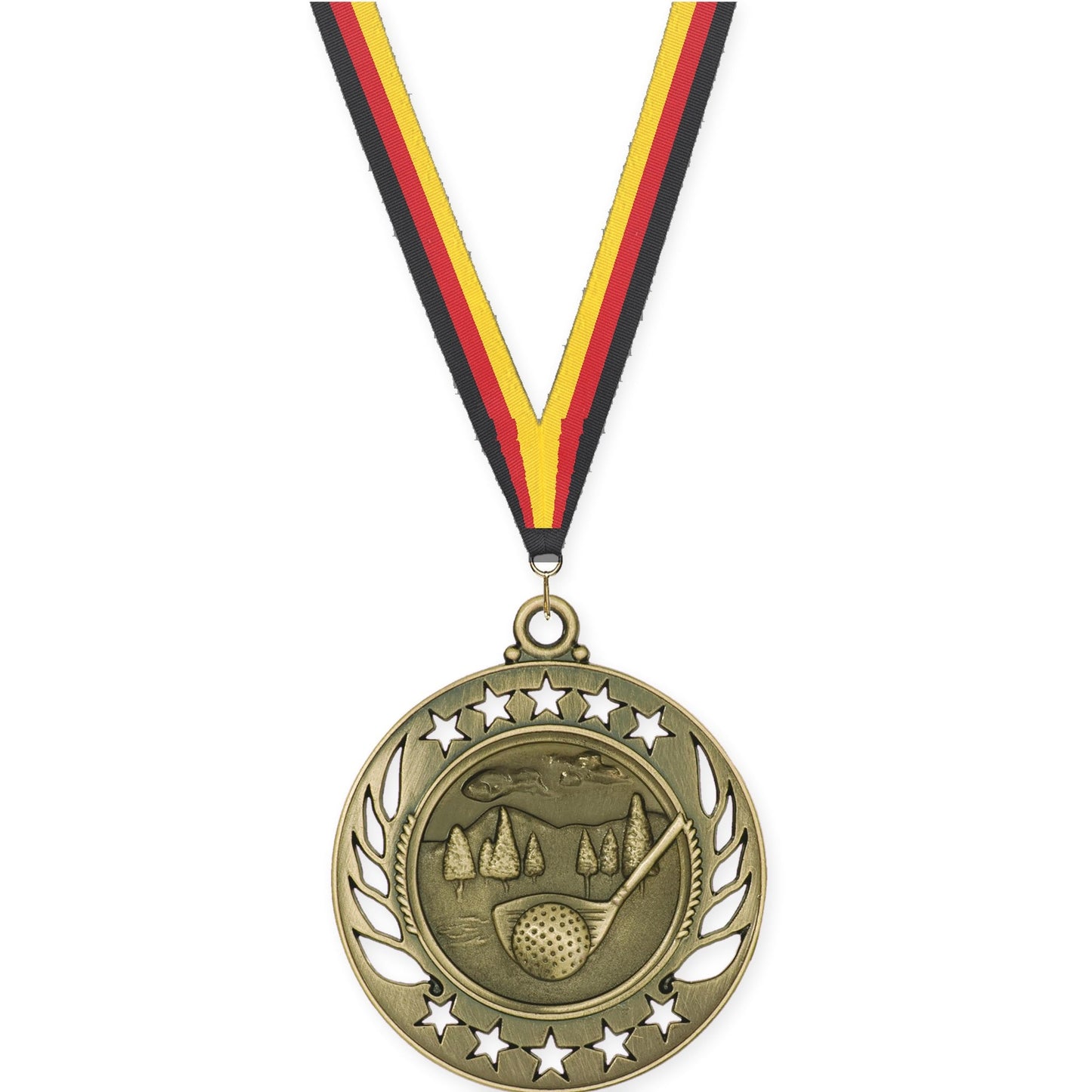 2 1/4 inch golf Galaxy medal in antique gold with Black Red Yellow neck ribbon