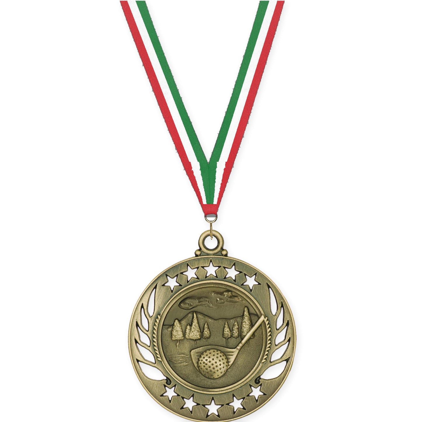 2 1/4 inch golf Galaxy medal in antique gold with Red White Green neck ribbon