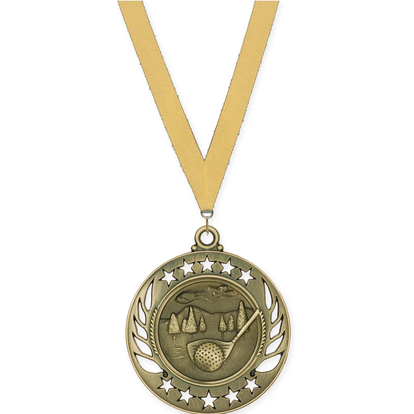 2 1/4 inch golf Galaxy medal in antique gold with Gold Metallic neck ribbon