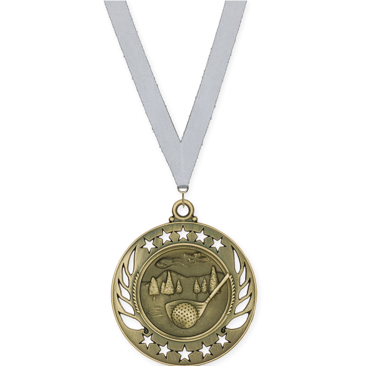 2 1/4 inch golf Galaxy medal in antique gold with Silver Metallic neck ribbon