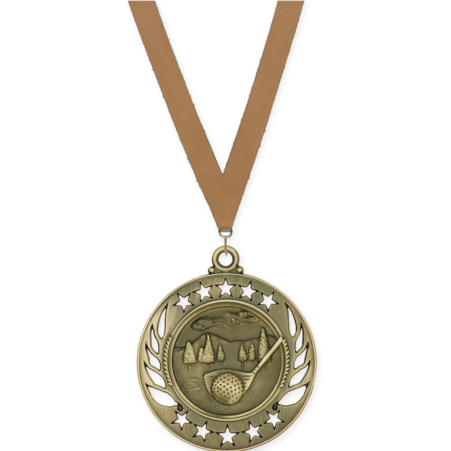 2 1/4 inch golf Galaxy medal in antique gold with Bronze Metallic neck ribbon