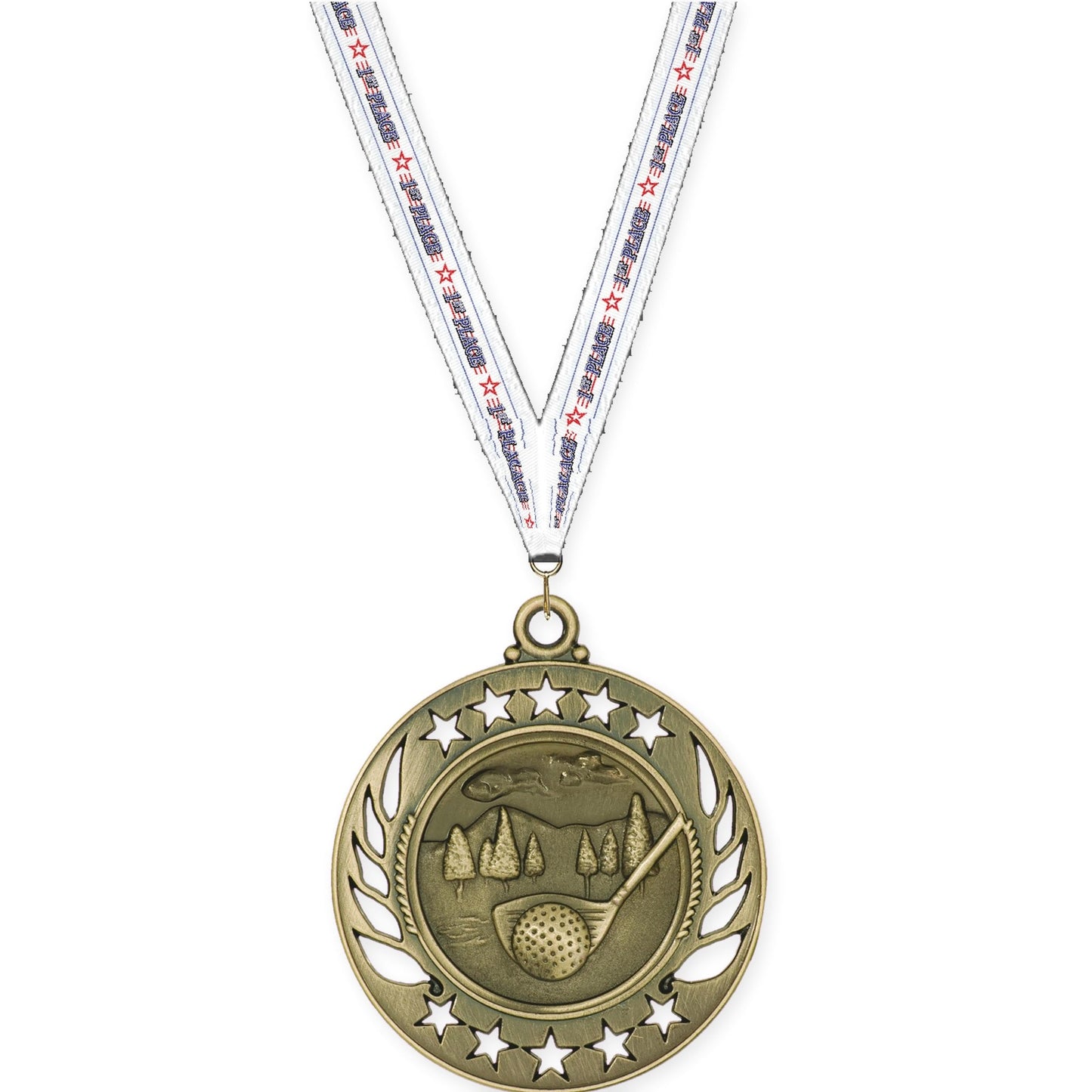 2 1/4 inch golf Galaxy medal in antique gold with 1st Place neck ribbon