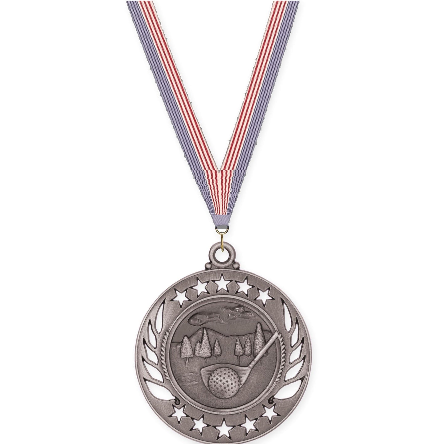 2 1/4 inch golf Galaxy medal in antique silver with USA Flag neck ribbon