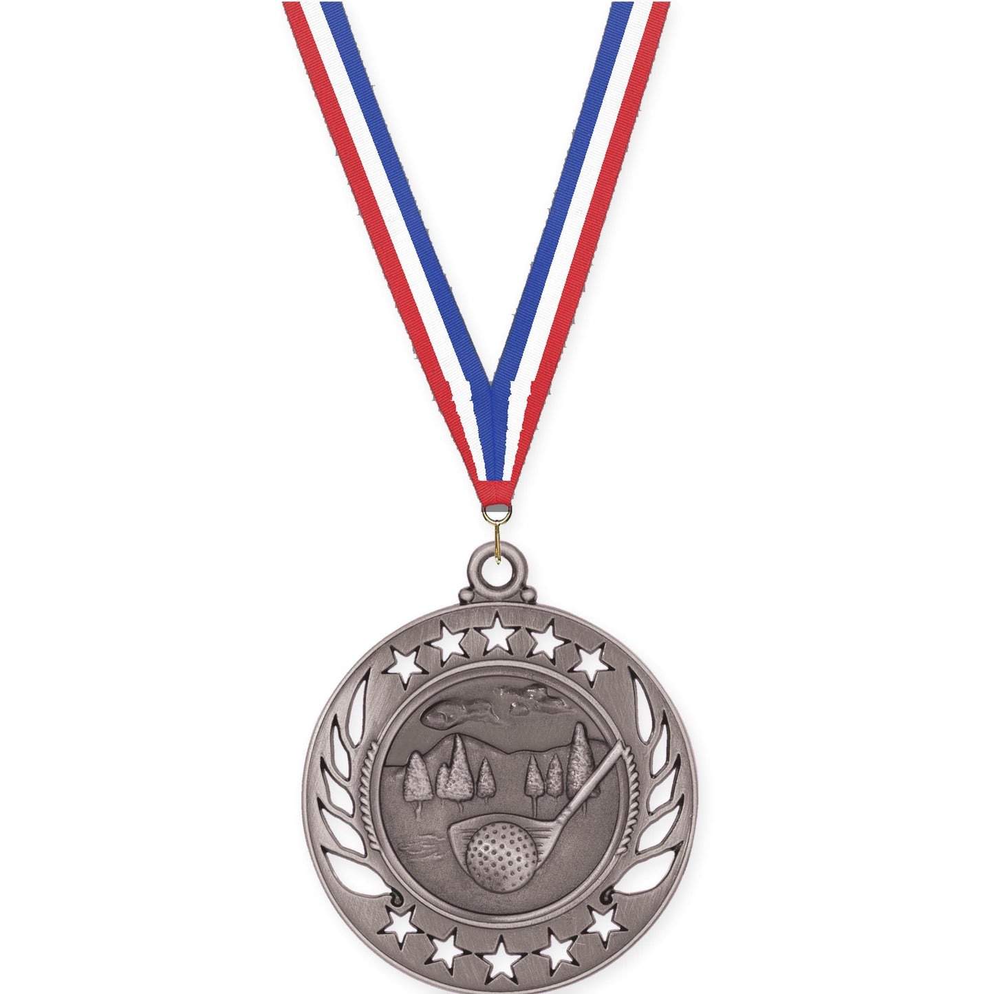 2 1/4 inch golf Galaxy medal in antique silver with Red White Blue neck ribbon