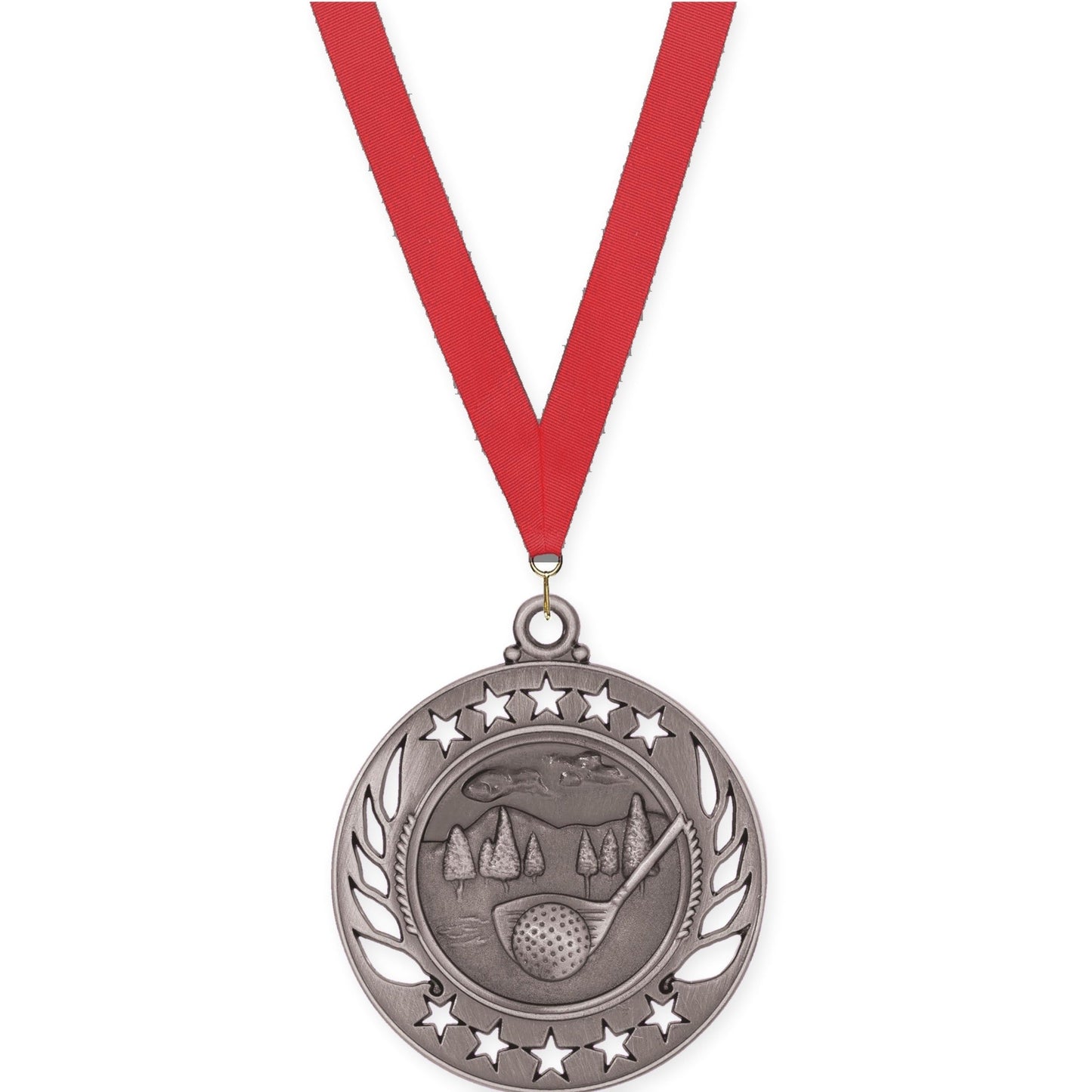 2 1/4 inch golf Galaxy medal in antique silver with Red neck ribbon