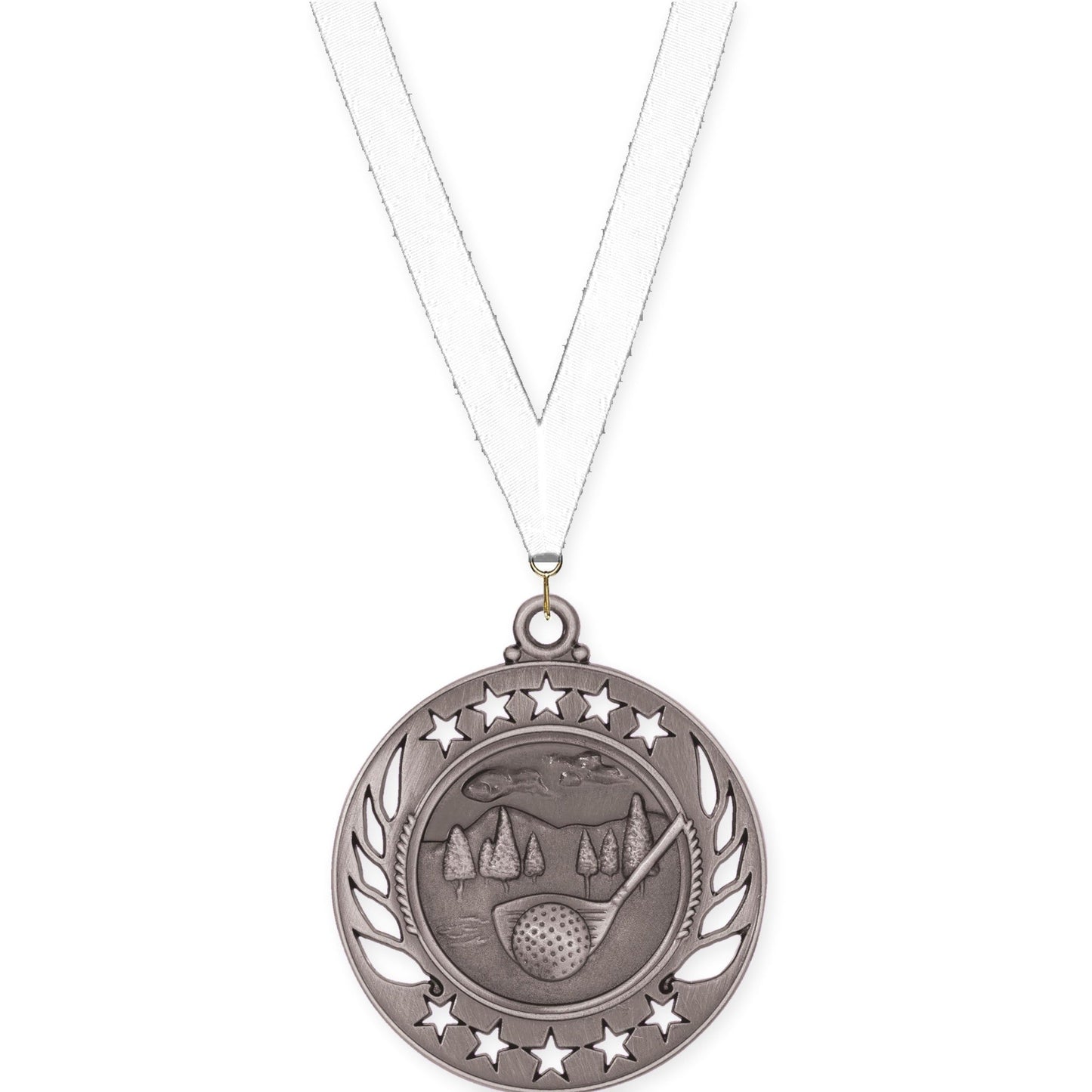 2 1/4 inch golf Galaxy medal in antique silver with White neck ribbon