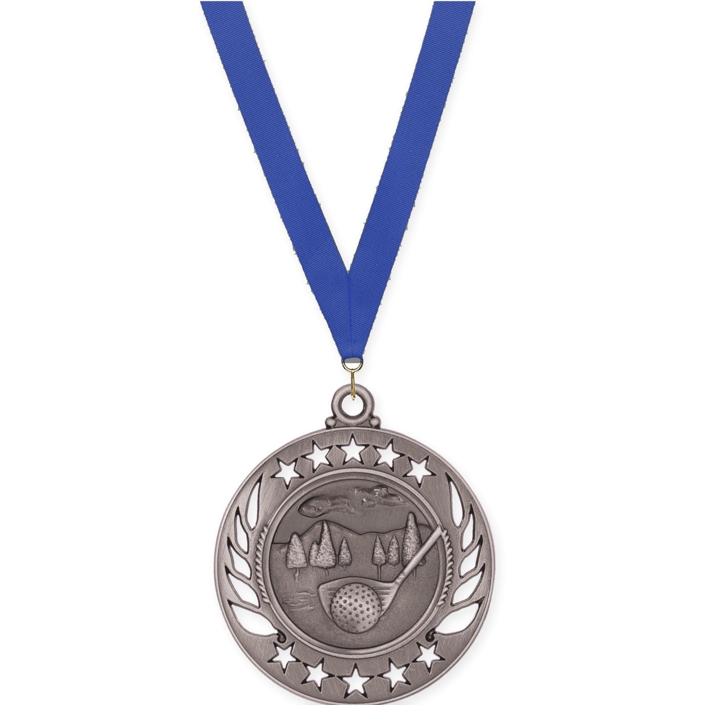 2 1/4 inch golf Galaxy medal in antique silver with Blue neck ribbon