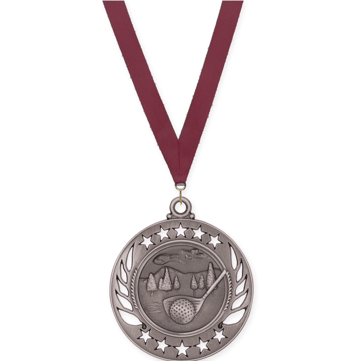 2 1/4 inch golf Galaxy medal in antique silver with Maroon neck ribbon