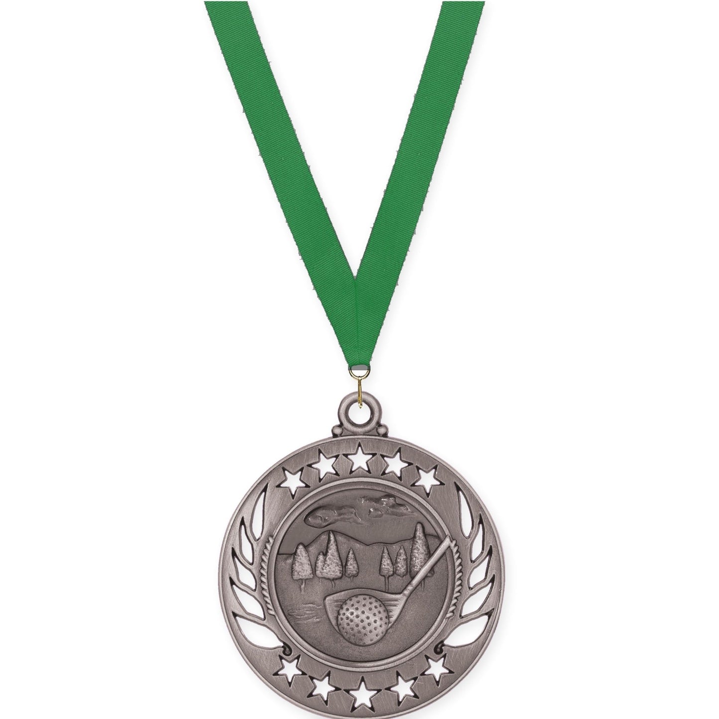 2 1/4 inch golf Galaxy medal in antique silver with Green neck ribbon