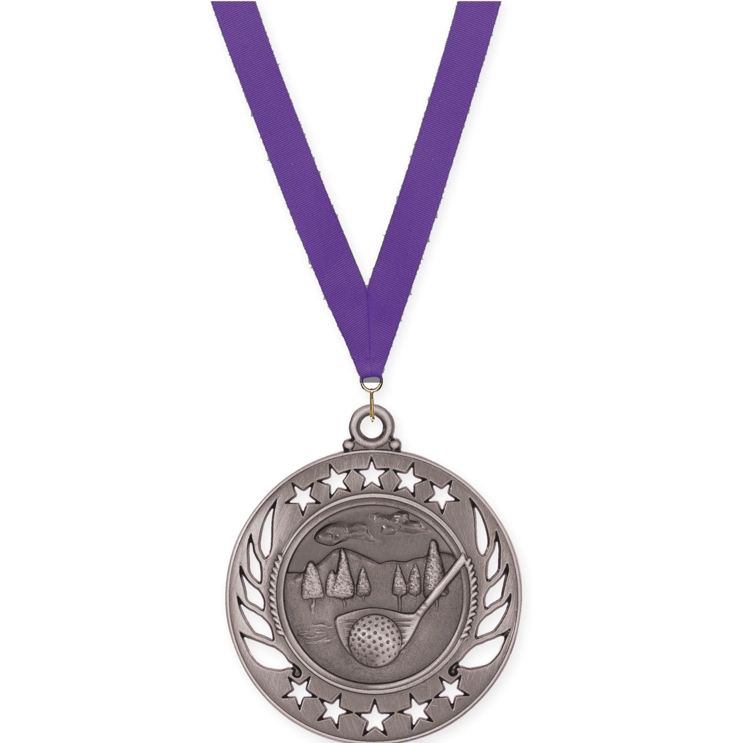 2 1/4 inch golf Galaxy medal in antique silver with Purple neck ribbon