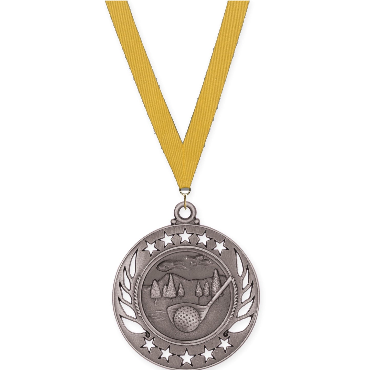 2 1/4 inch golf Galaxy medal in antique silver with Gold neck ribbon