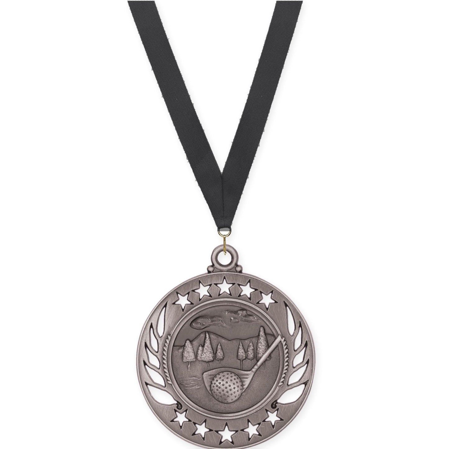 2 1/4 inch golf Galaxy medal in antique silver with Black neck ribbon