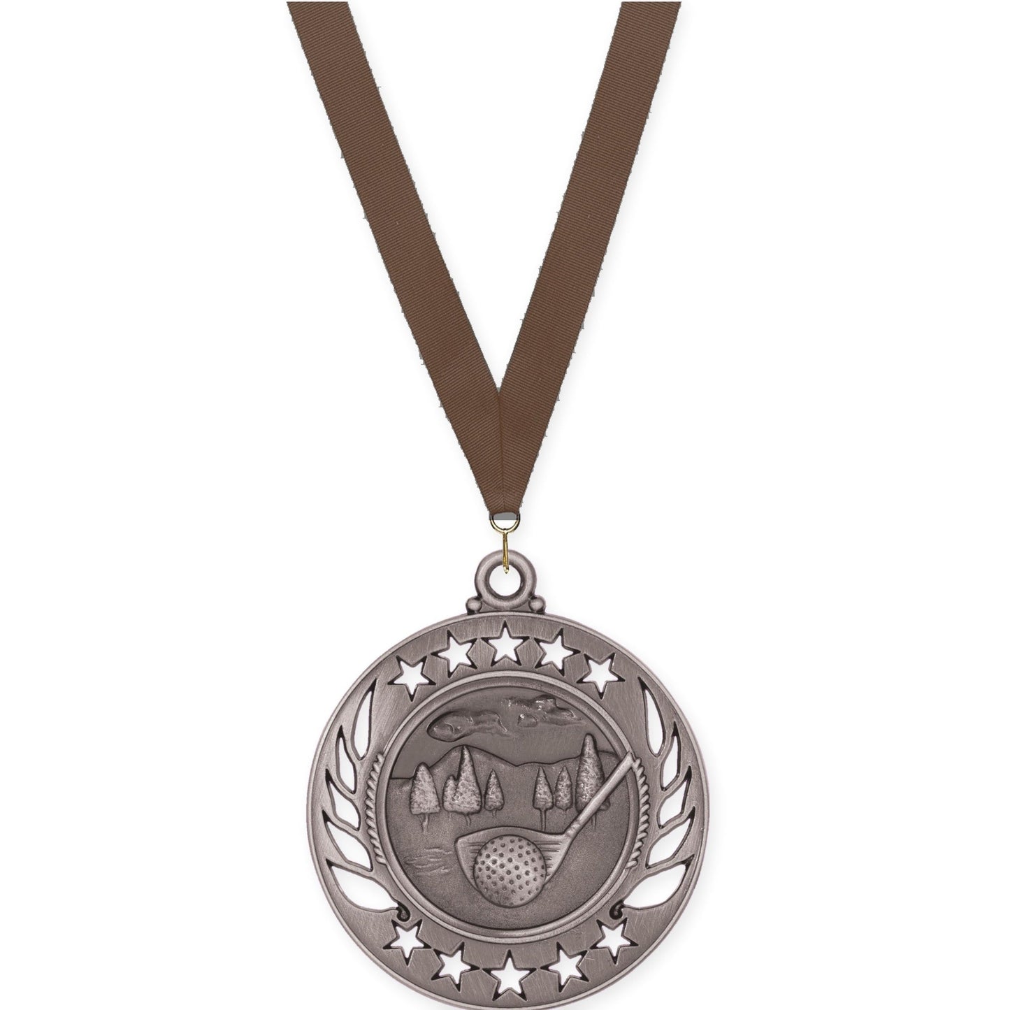 2 1/4 inch golf Galaxy medal in antique silver with Brown neck ribbon