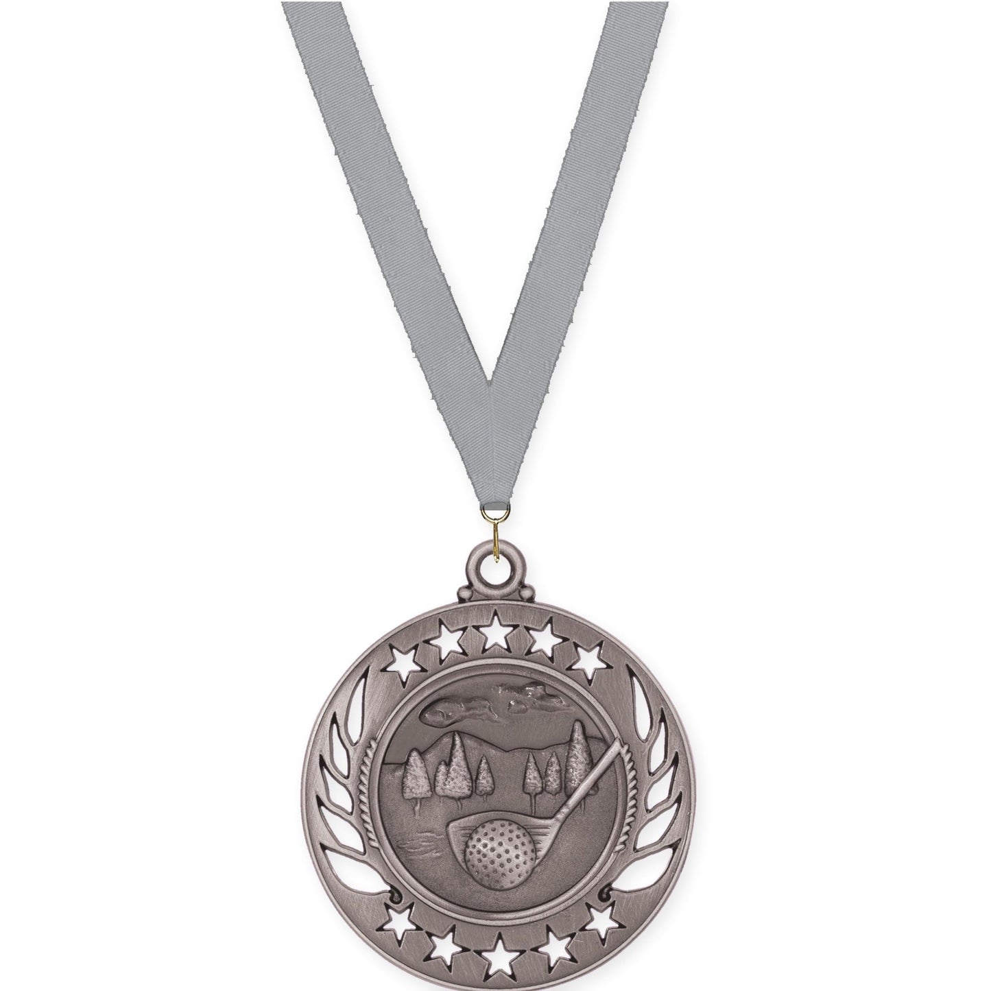 2 1/4 inch golf Galaxy medal in antique silver with Gray neck ribbon