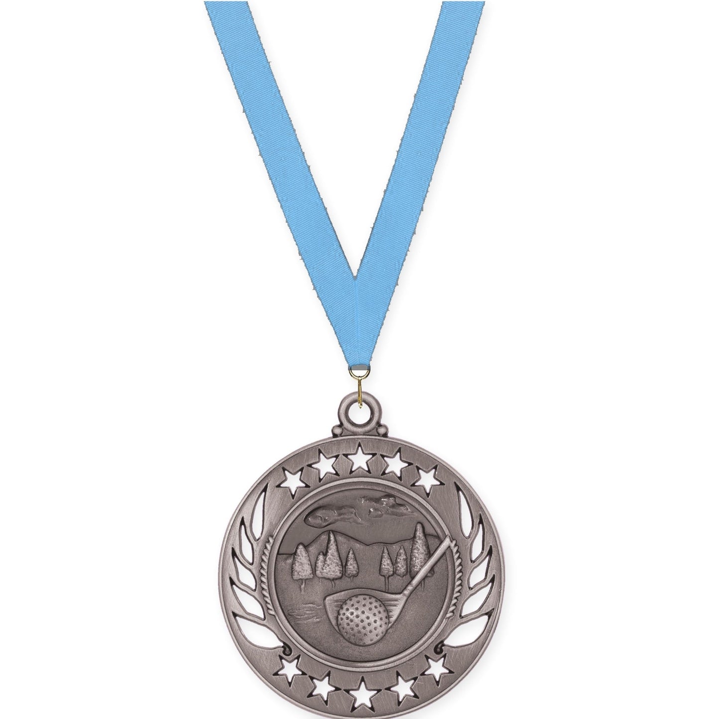 2 1/4 inch golf Galaxy medal in antique silver with Light Blue neck ribbon