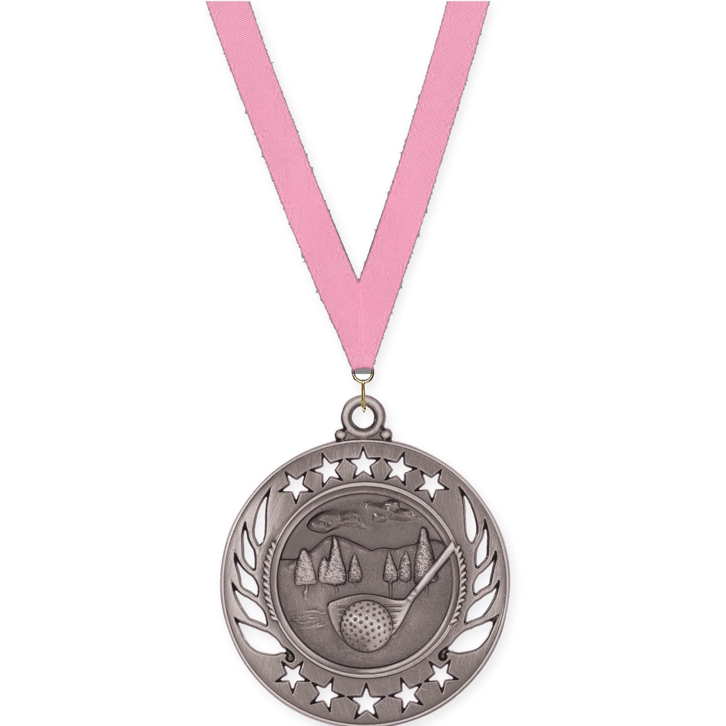 2 1/4 inch golf Galaxy medal in antique silver with Pink neck ribbon
