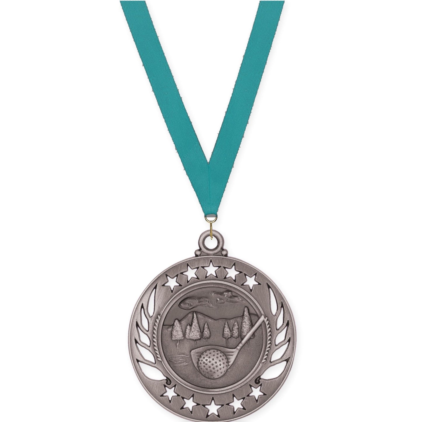 2 1/4 inch golf Galaxy medal in antique silver with Teal neck ribbon