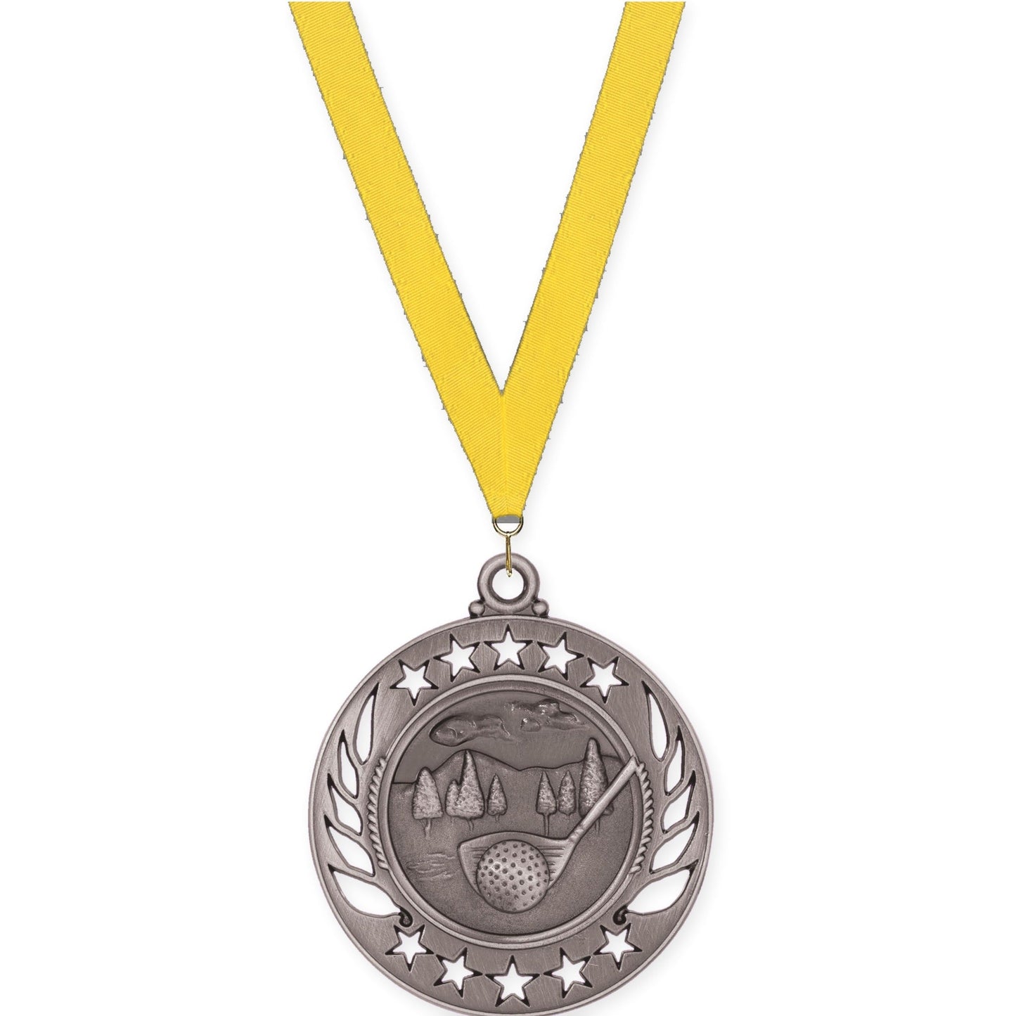 2 1/4 inch golf Galaxy medal in antique silver with Yellow neck ribbon