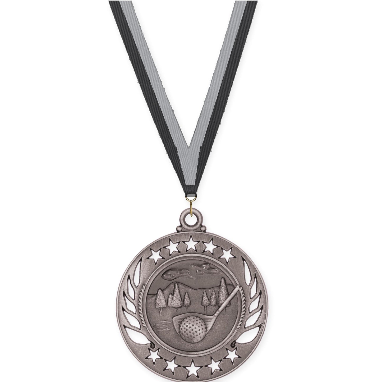2 1/4 inch golf Galaxy medal in antique silver with Black Gray neck ribbon