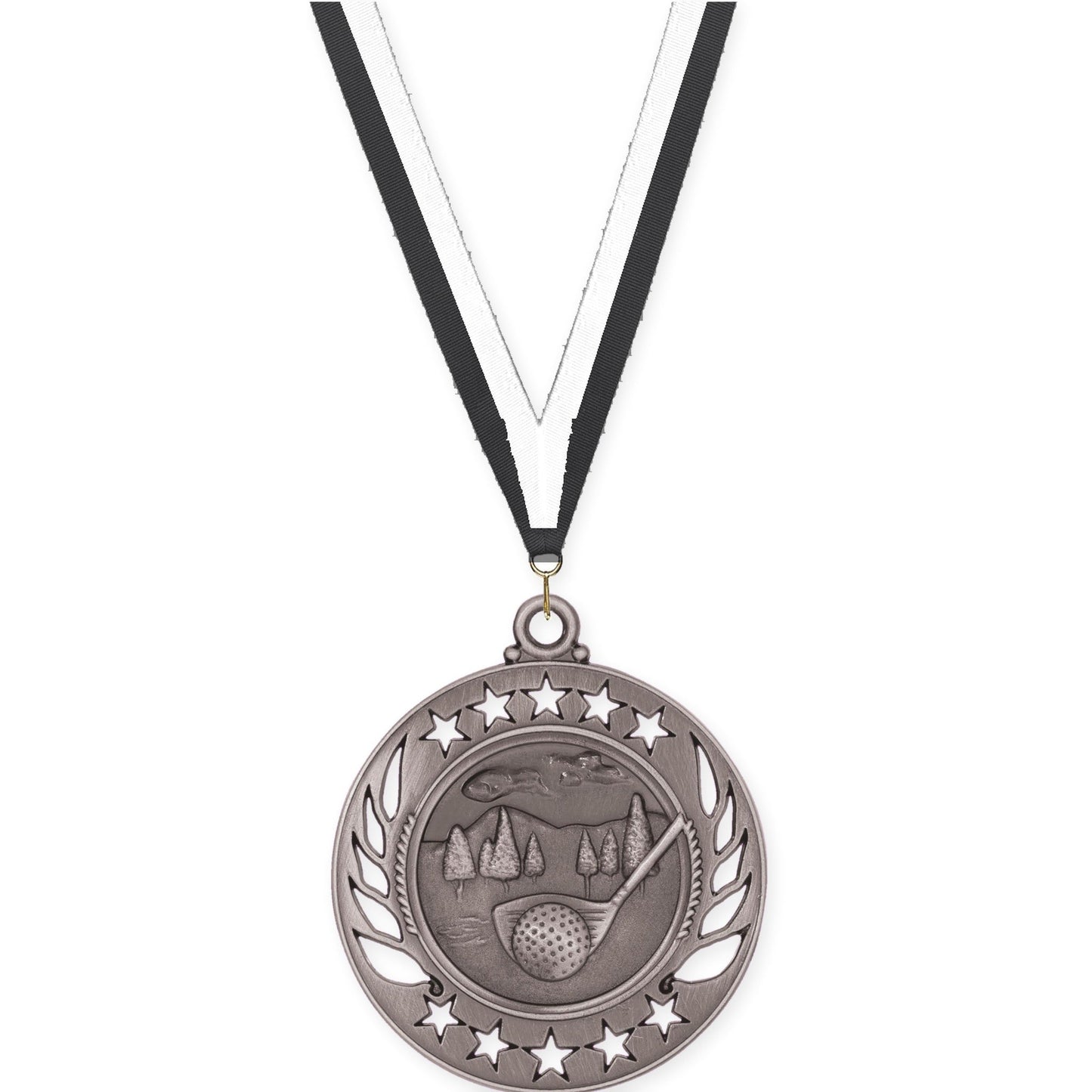 2 1/4 inch golf Galaxy medal in antique silver with Black White neck ribbon