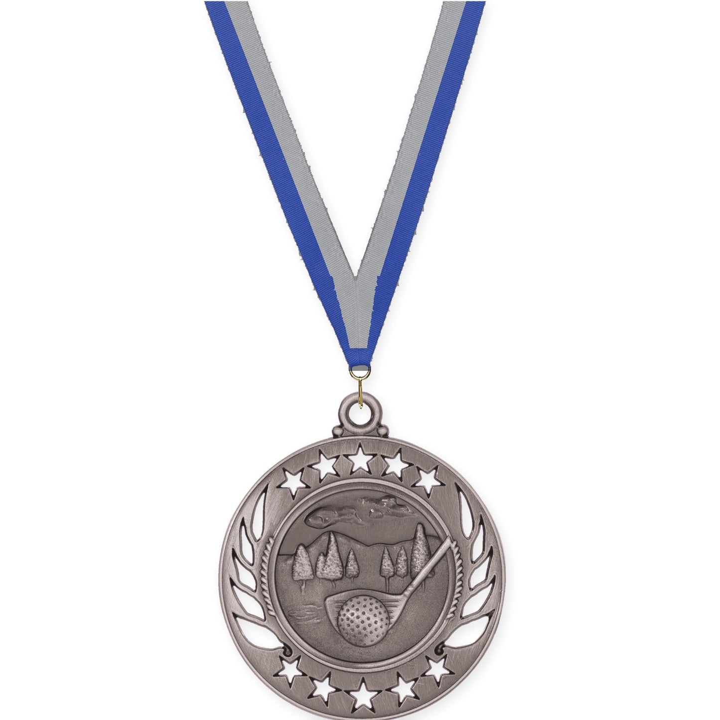 2 1/4 inch golf Galaxy medal in antique silver with Blue Gray neck ribbon