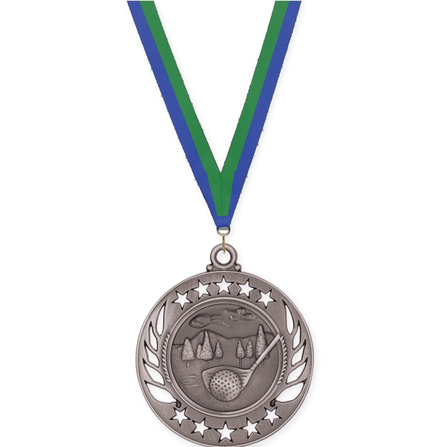 2 1/4 inch golf Galaxy medal in antique silver with Blue Green neck ribbon