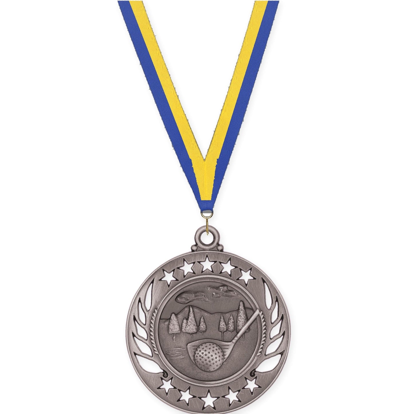 2 1/4 inch golf Galaxy medal in antique silver with Blue Yellow neck ribbon