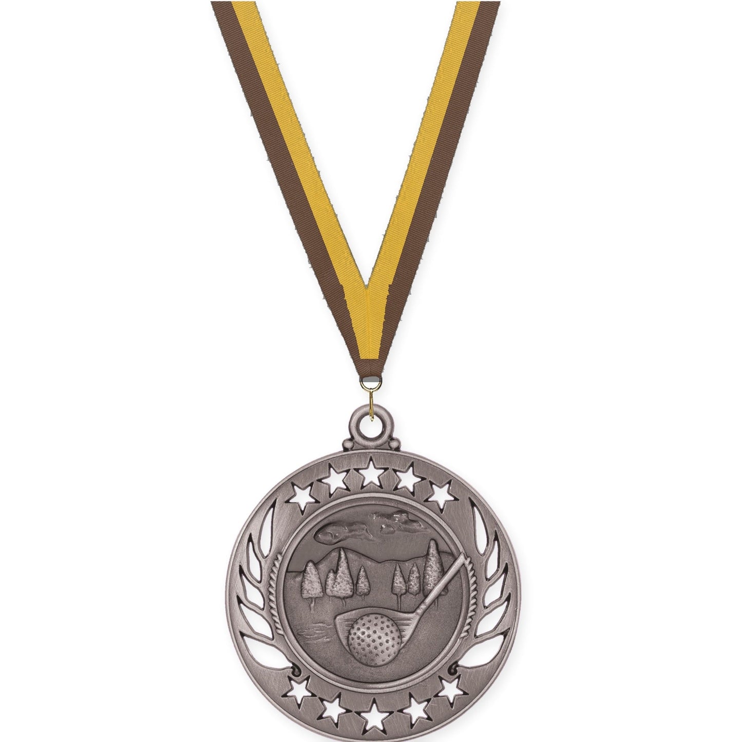 2 1/4 inch golf Galaxy medal in antique silver with Brown Gold neck ribbon