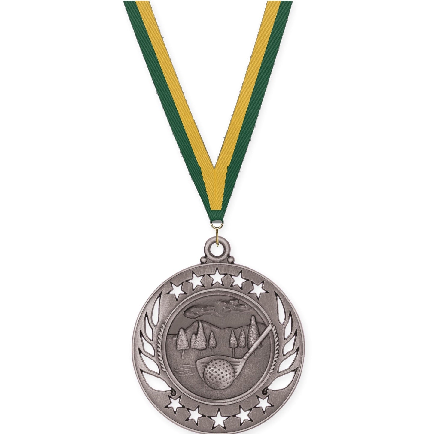 2 1/4 inch golf Galaxy medal in antique silver with Hunter Green Gold neck ribbon