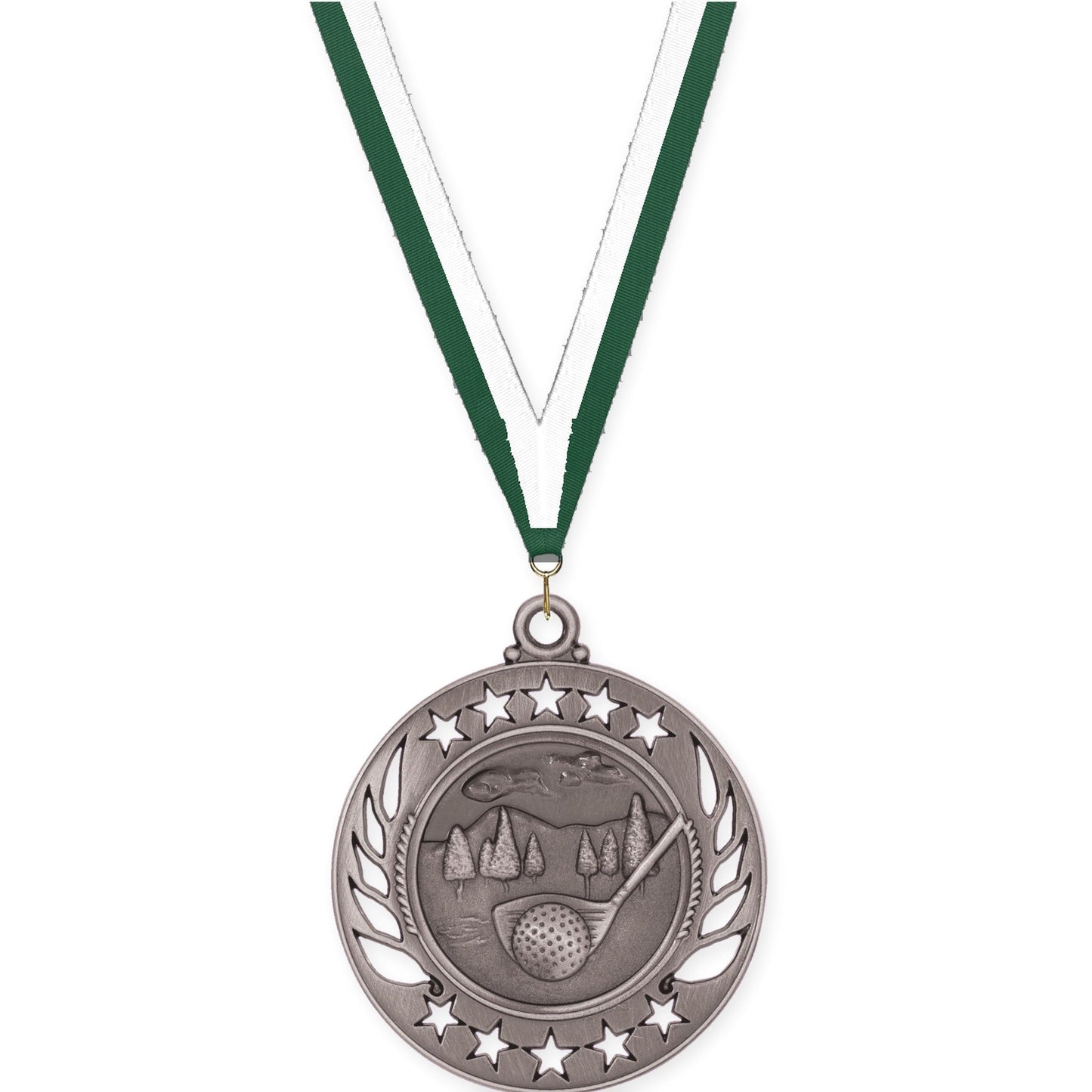 2 1/4 inch golf Galaxy medal in antique silver with Hunter Green White neck ribbon