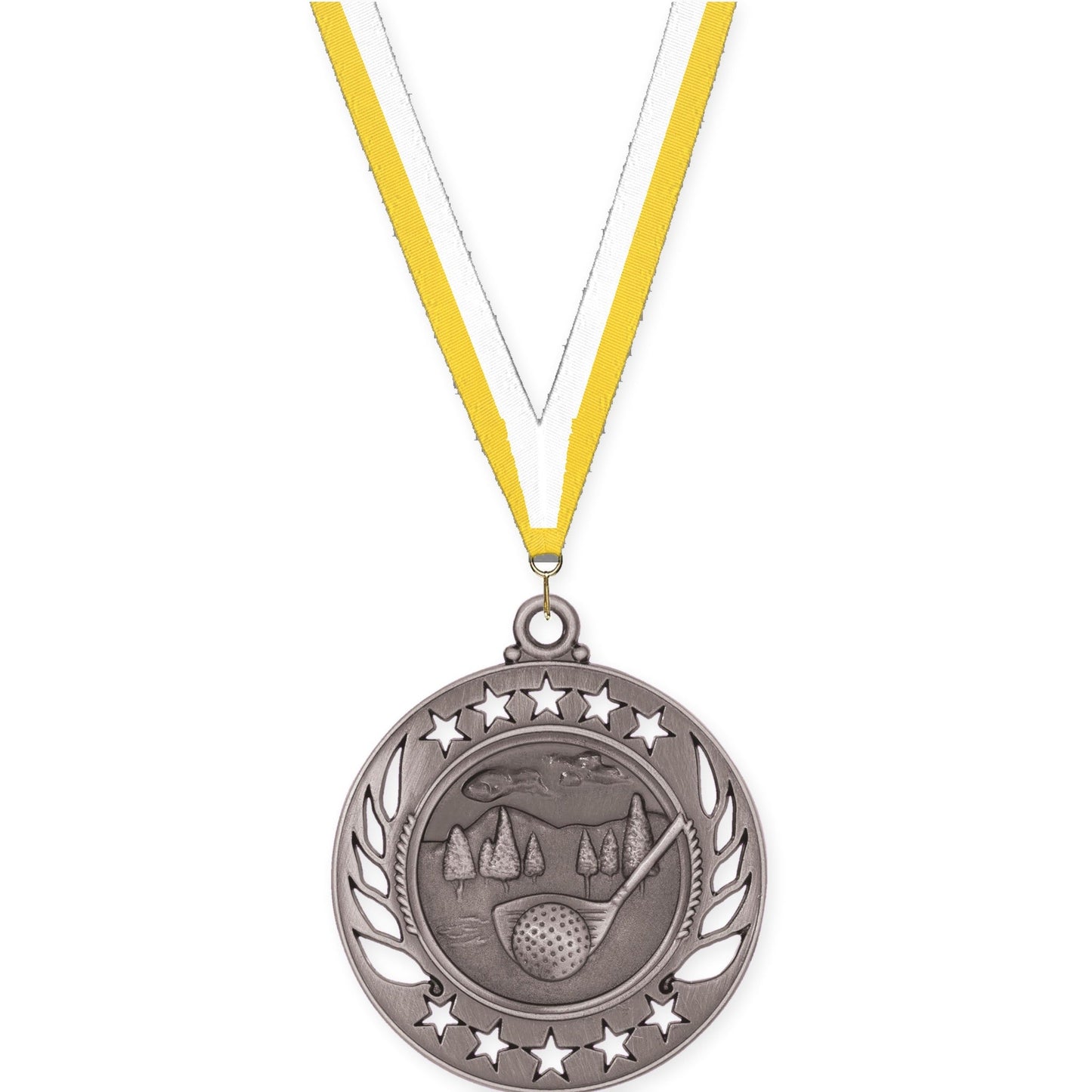 2 1/4 inch golf Galaxy medal in antique silver with Yellow White neck ribbon