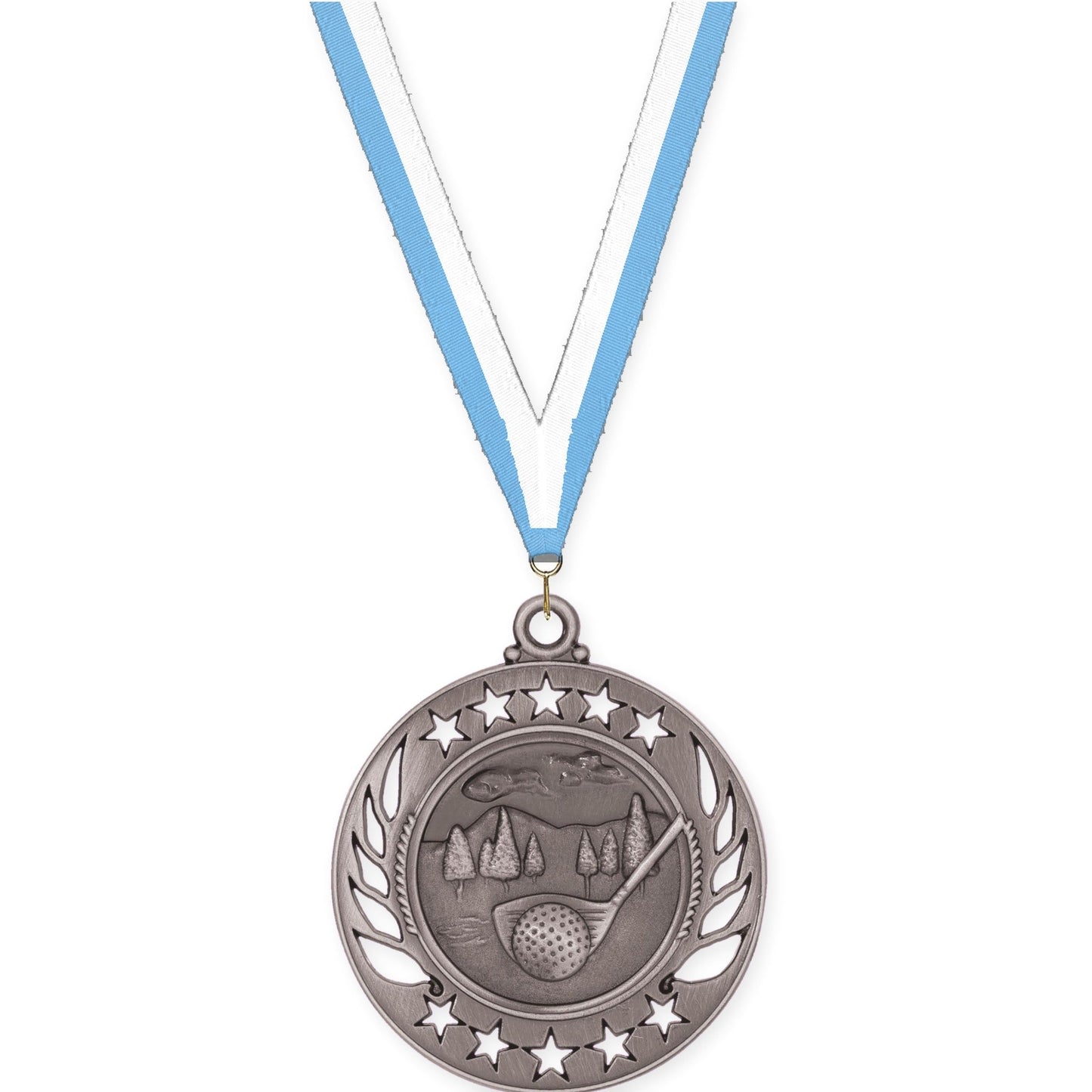 2 1/4 inch golf Galaxy medal in antique silver with Light Blue White neck ribbon